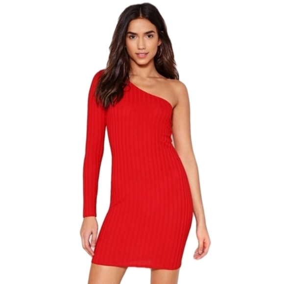 NASTY GAL ✦ One Chance Ribbed One-Shoulder Mini Dress ✦ Red ✦ Size 6 ✦ NWT - Picture 3 of 7